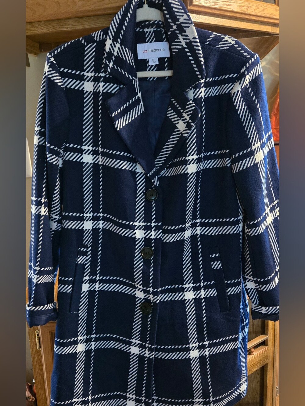 Liz Claiborne Navy Plaid Long Coat
